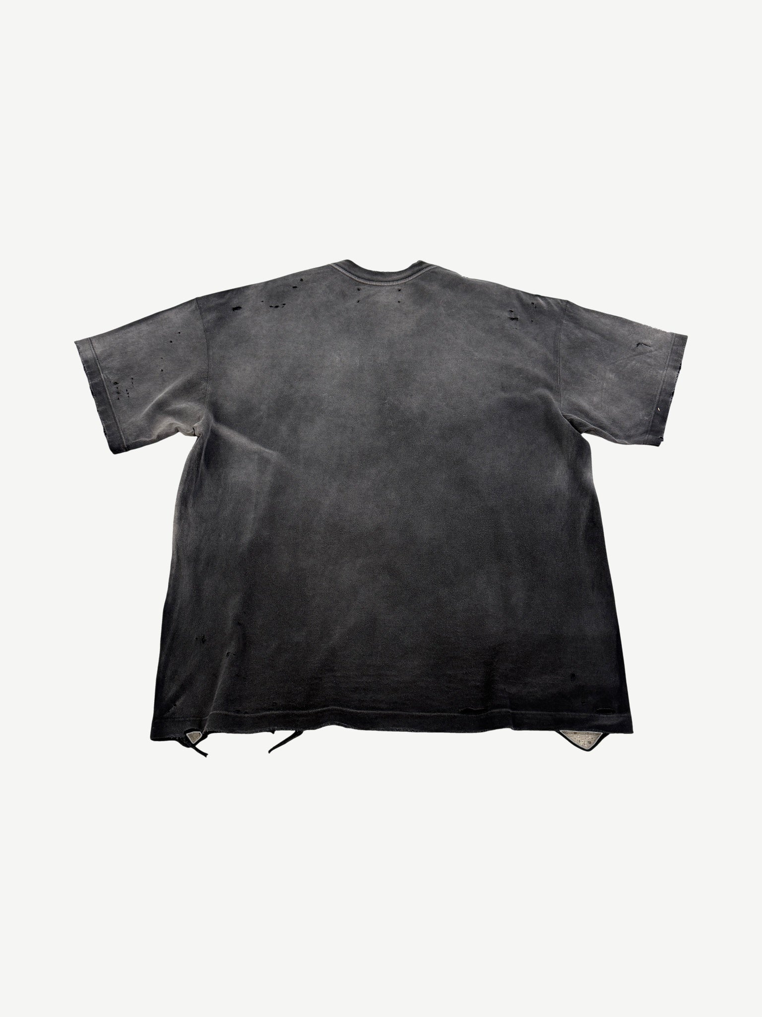 Satoshi Nakamoto eye tee back view in washed black with smaller upper-back Satoshi Nakamoto logo print