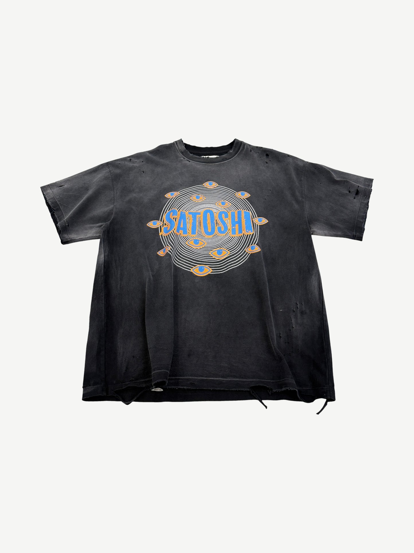 Satoshi Nakamoto eye tee in faded black with large halftone eye graphic centered on chest panel