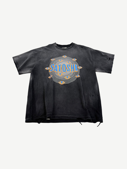 Satoshi Nakamoto eye tee in faded black with large halftone eye graphic centered on chest panel