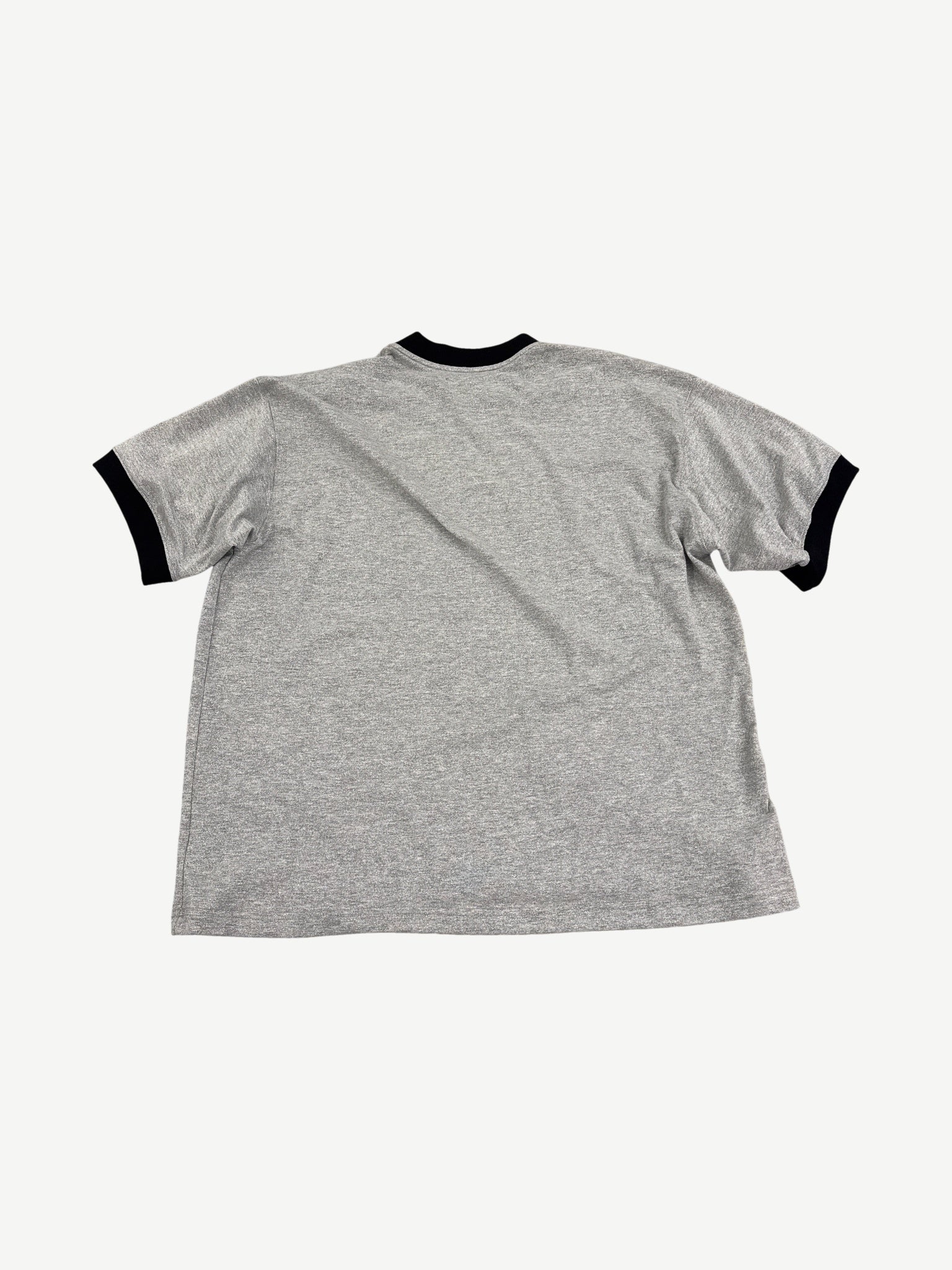 Back view of Satoshi Nakamoto heather gray ringer tee with black contrast neck and sleeve cuff trim