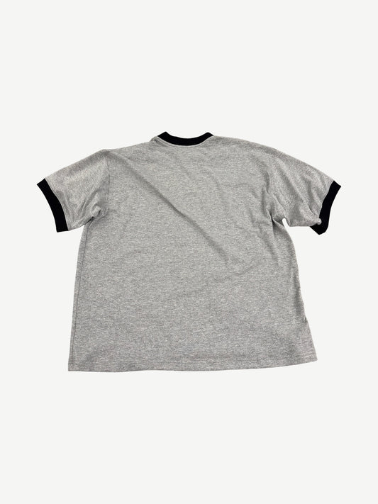 Back view of Satoshi Nakamoto heather gray ringer tee with black contrast neck and sleeve cuff trim