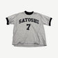 Satoshi Nakamoto heather gray ringer tee with black trim and arched Satoshi 7 collegiate chest print
