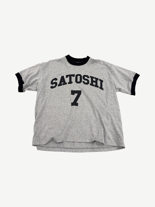Satoshi Nakamoto heather gray ringer tee with black trim and arched Satoshi 7 collegiate chest print