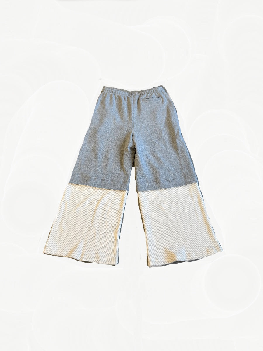 Satoshi Nakamoto gray sweatpants back view with double-layer cream thermal hem panels and back welt pocket
