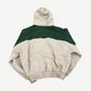 Satoshi Nakamoto green grey crossover hoodie back, contrasting paneled construction and embroidered logo detail.