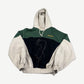 Satoshi Nakamoto crossover hoodie with green and gray color-blocked panels, kangaroo pocket and drawcord hood.
