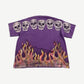 Satoshi Nakamoto purple Lost Boys tee back with skull row print and orange flame airbrush detail.