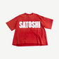 Satoshi Nakamoto oversized red tee with bold white Satoshi impact font logo printed across the chest