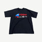 Satoshi Nakamoto Samsung-style logo parody tee in washed black with red ribbon nameplate chest print.