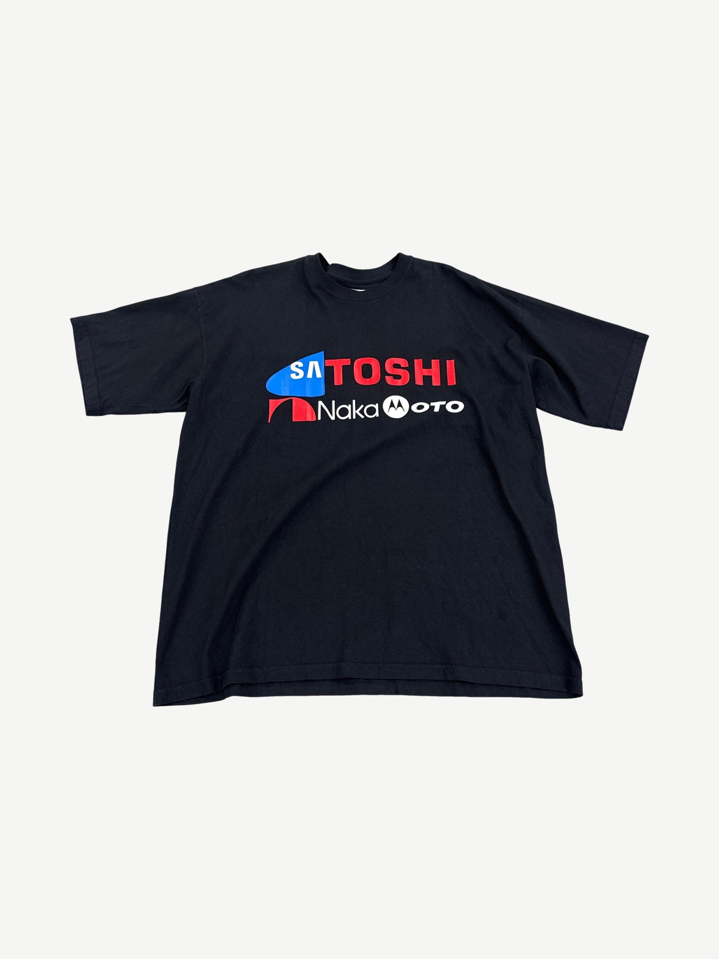 Satoshi Nakamoto Samsung-style logo parody tee in washed black with red ribbon nameplate chest print.