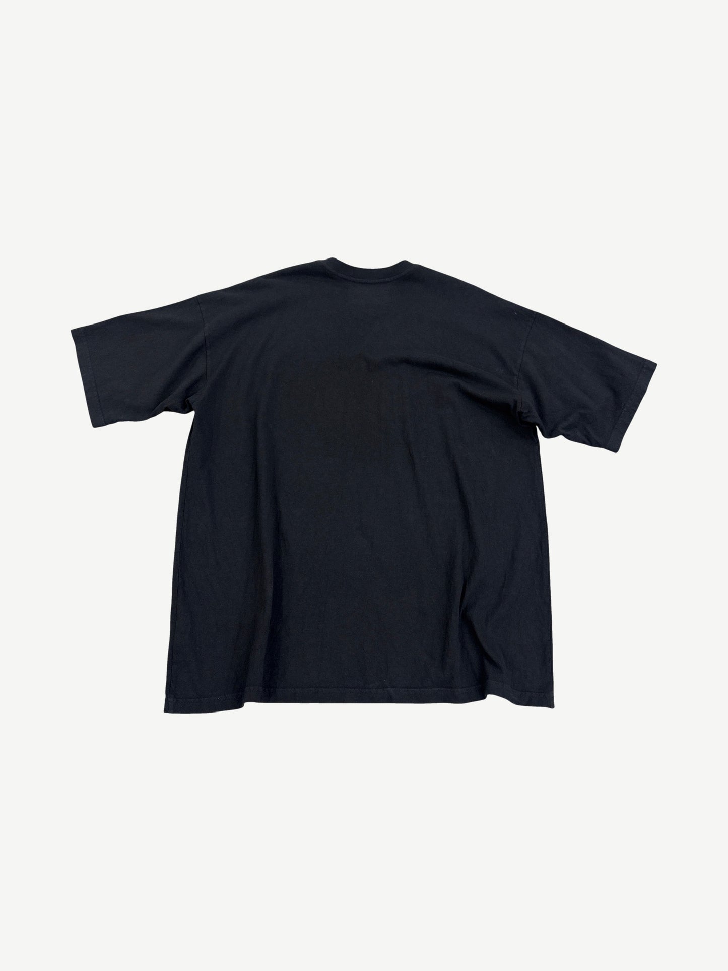 Satoshi Nakamoto Samsung logo printed tee back view in faded black with oversized boxy silhouette.