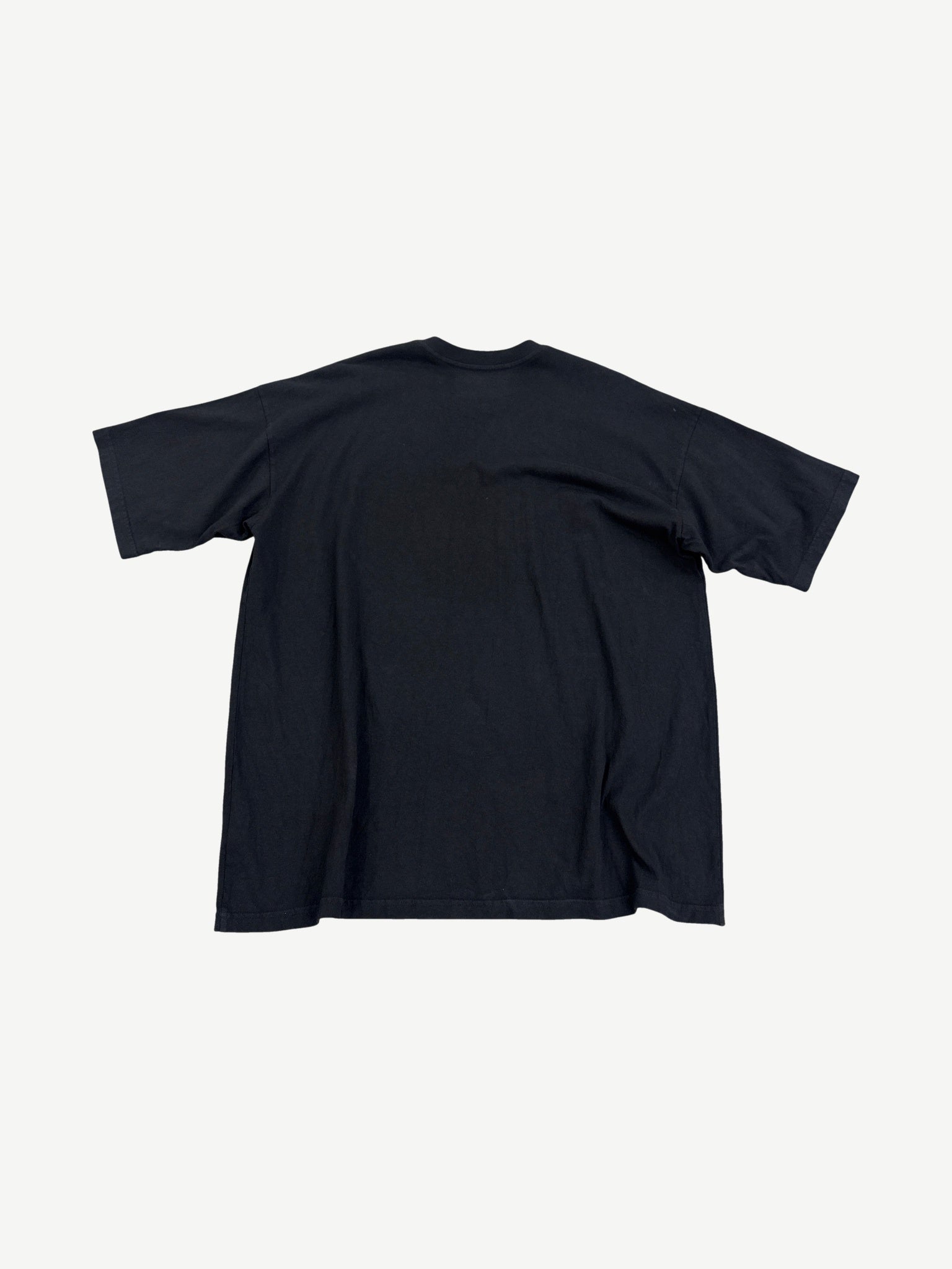 Satoshi Nakamoto Samsung logo printed tee back view in faded black with oversized boxy silhouette.