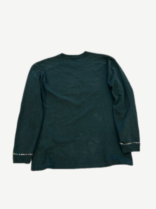 Satoshi Nakamoto green longsleeve back view with rhinestone-studded cuff trim and clean gradient wash