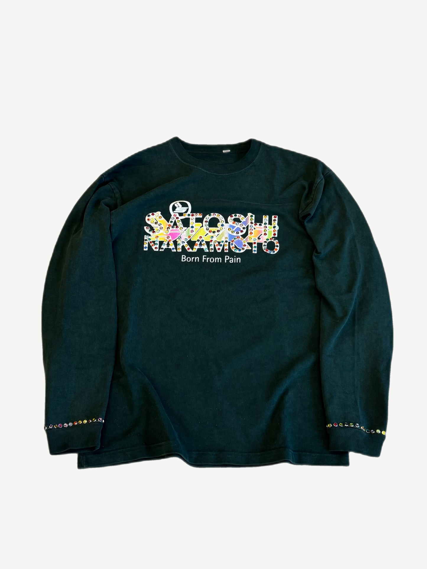 Satoshi Nakamoto Sicko forest green longsleeve with rhinestone Born From Pain logo and studded cuffs