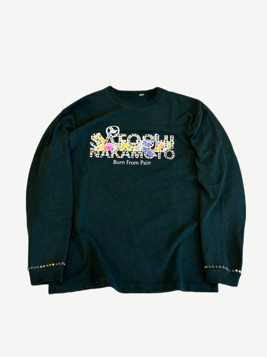 Satoshi Nakamoto Sicko forest green longsleeve with rhinestone Born From Pain logo and studded cuffs