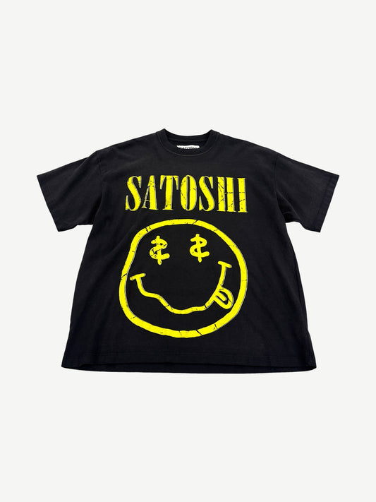 Satoshi Nakamoto faded black tee with yellow Nirvana-style smiley face and dollar sign eyes graphic