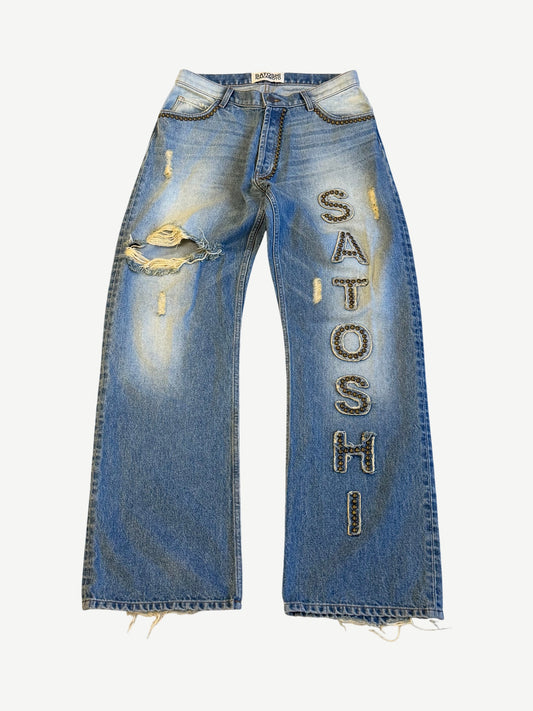Satoshi Nakamoto Studded Cowboy Distressed Blue Denim Pants