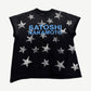 Satoshi Nakamoto black cutoff muscle tee front with blue logo text and silver cracked-print star pattern