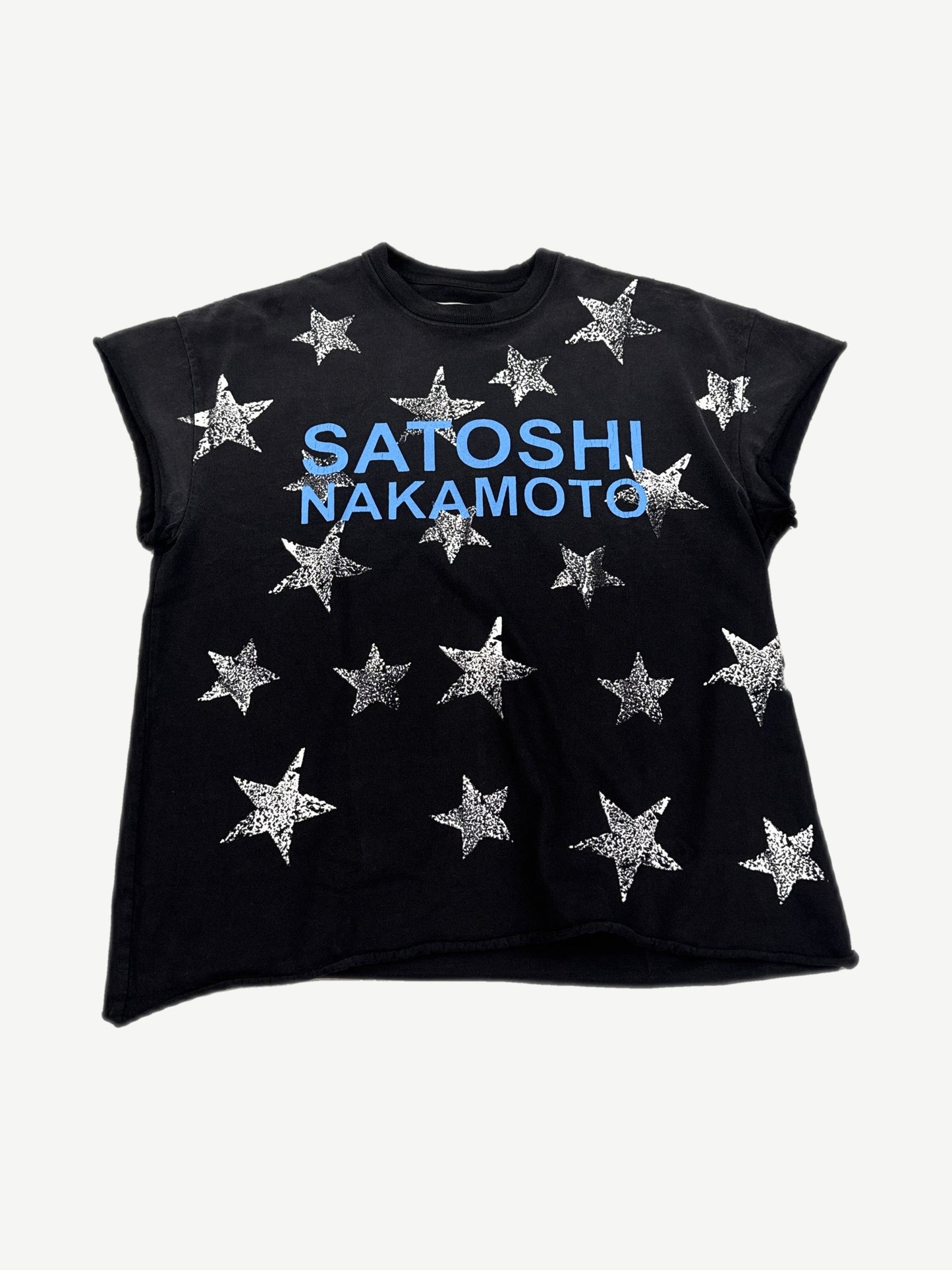 Satoshi Nakamoto black cutoff muscle tee front with blue logo text and silver cracked-print star pattern
