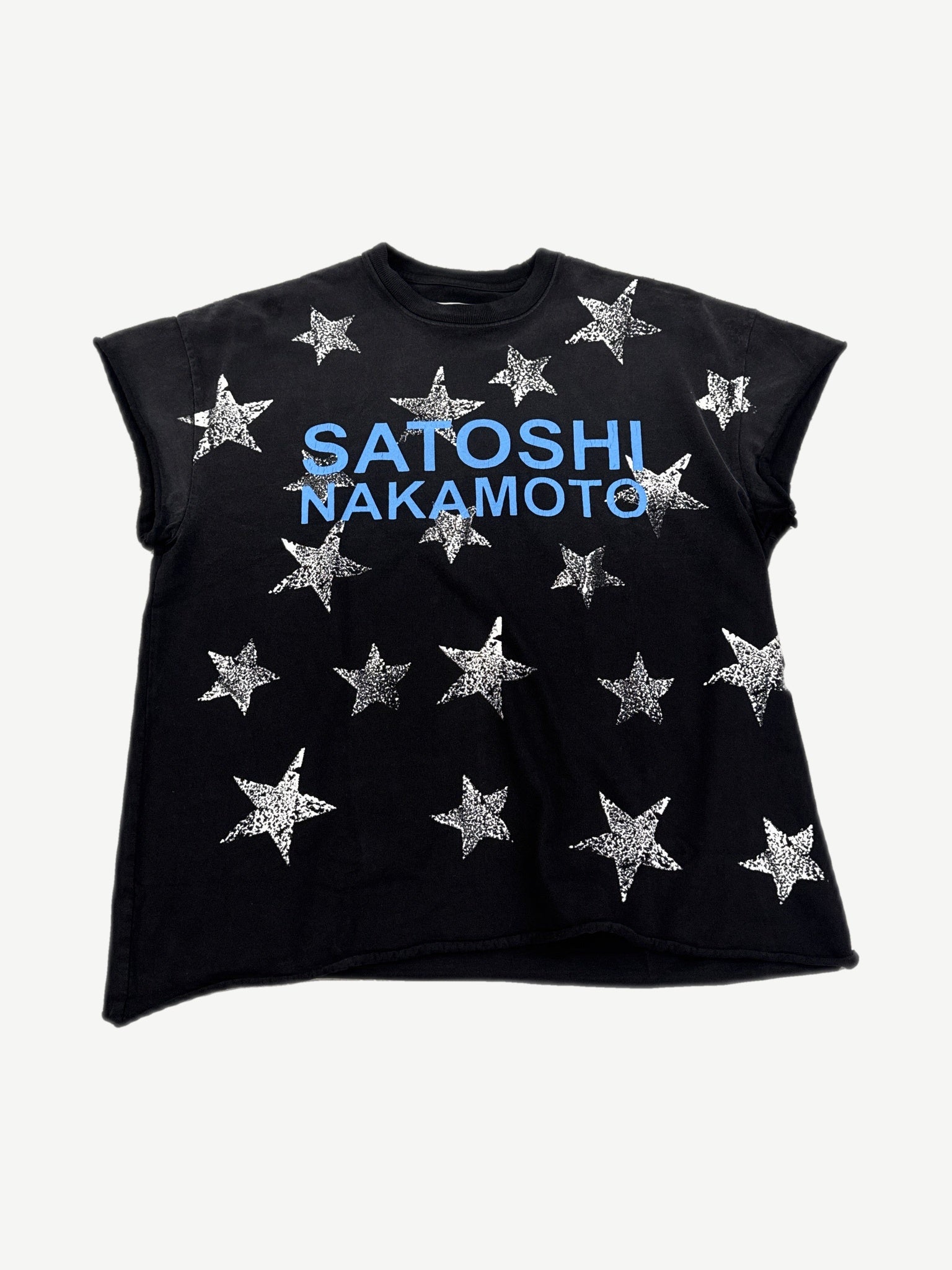 Satoshi Nakamoto black cutoff muscle tee front with blue logo text and silver cracked-print star pattern