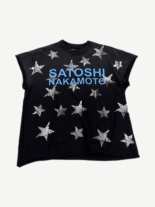 Satoshi Nakamoto black cutoff muscle tee front with blue logo text and silver cracked-print star pattern