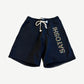 Satoshi Nakamoto vintage navy sweat shorts with multicolor rhinestone vertical logo and drawstring waist.