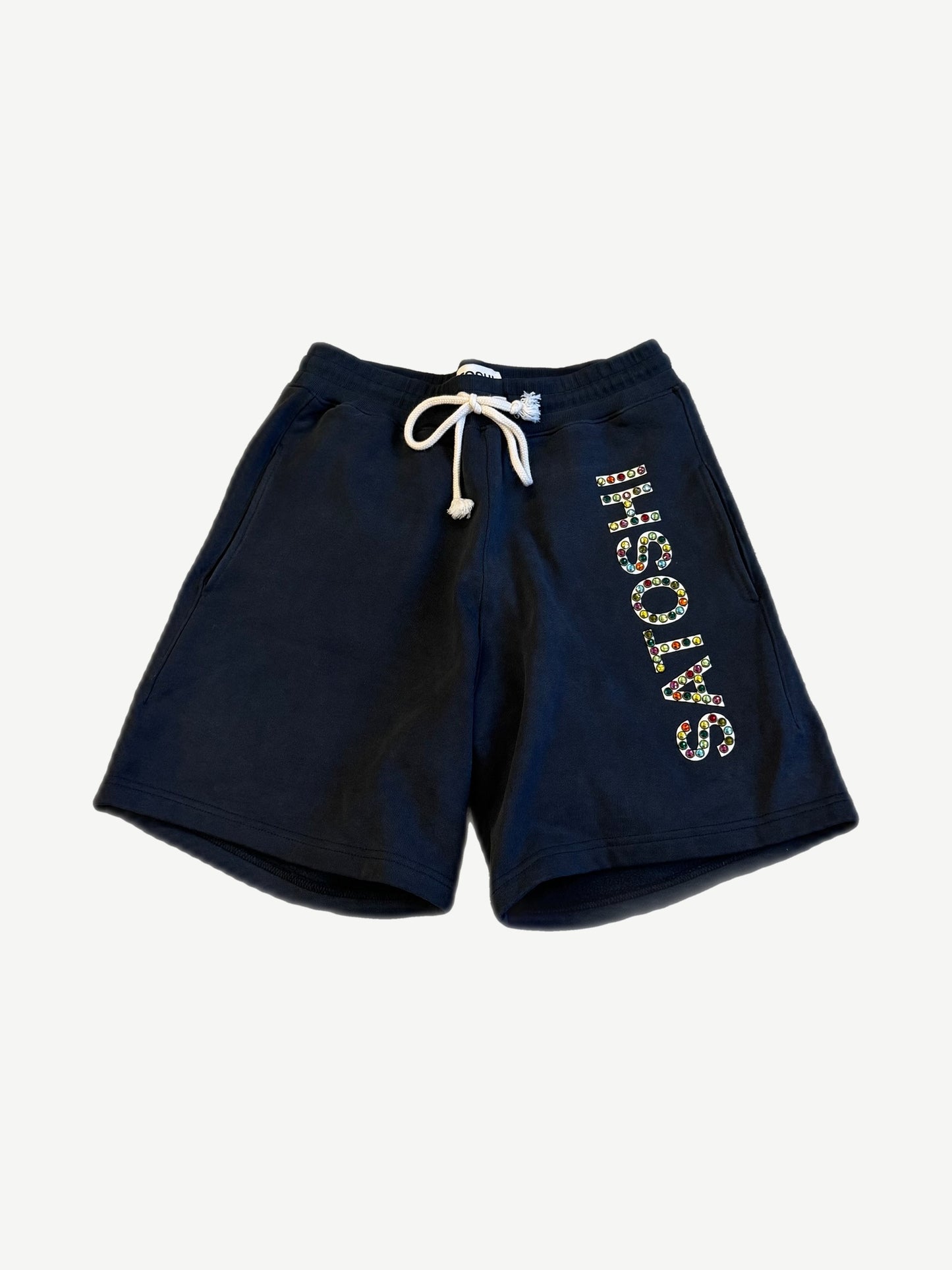 Satoshi Nakamoto vintage navy sweat shorts with multicolor rhinestone vertical logo and drawstring waist.