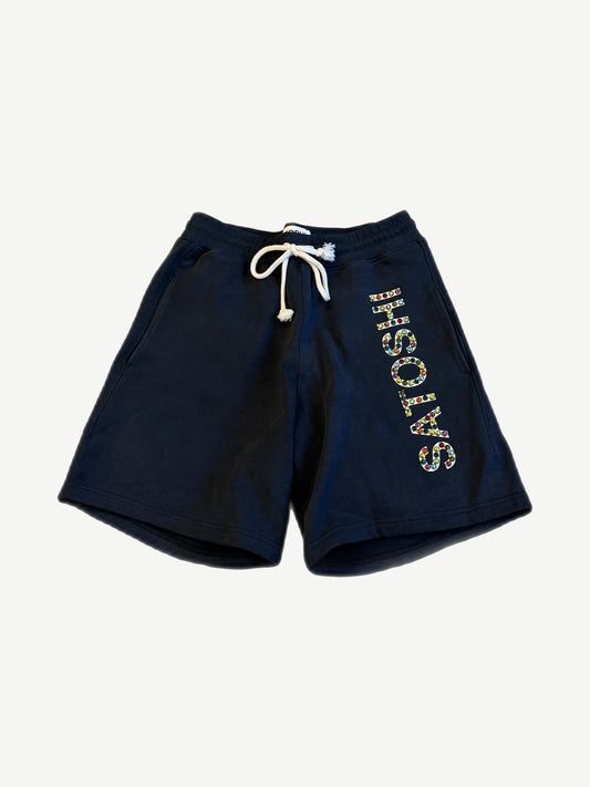 Satoshi Nakamoto vintage navy sweat shorts with multicolor rhinestone vertical logo and drawstring waist.