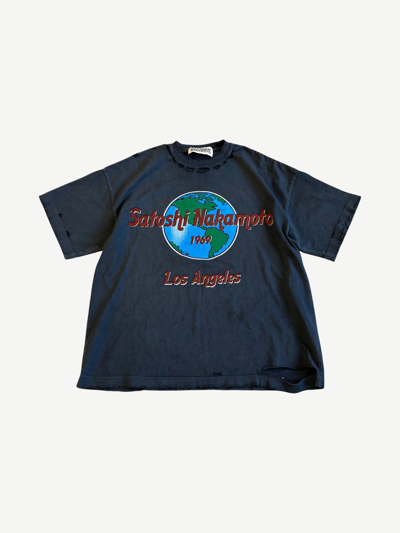 Satoshi Nakamoto washed black 1969 Rock tee with globe graphic, red Los Angeles script and distressed hem