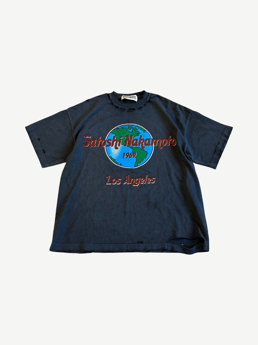 Satoshi Nakamoto washed black 1969 Rock tee with globe graphic, red Los Angeles script and distressed hem
