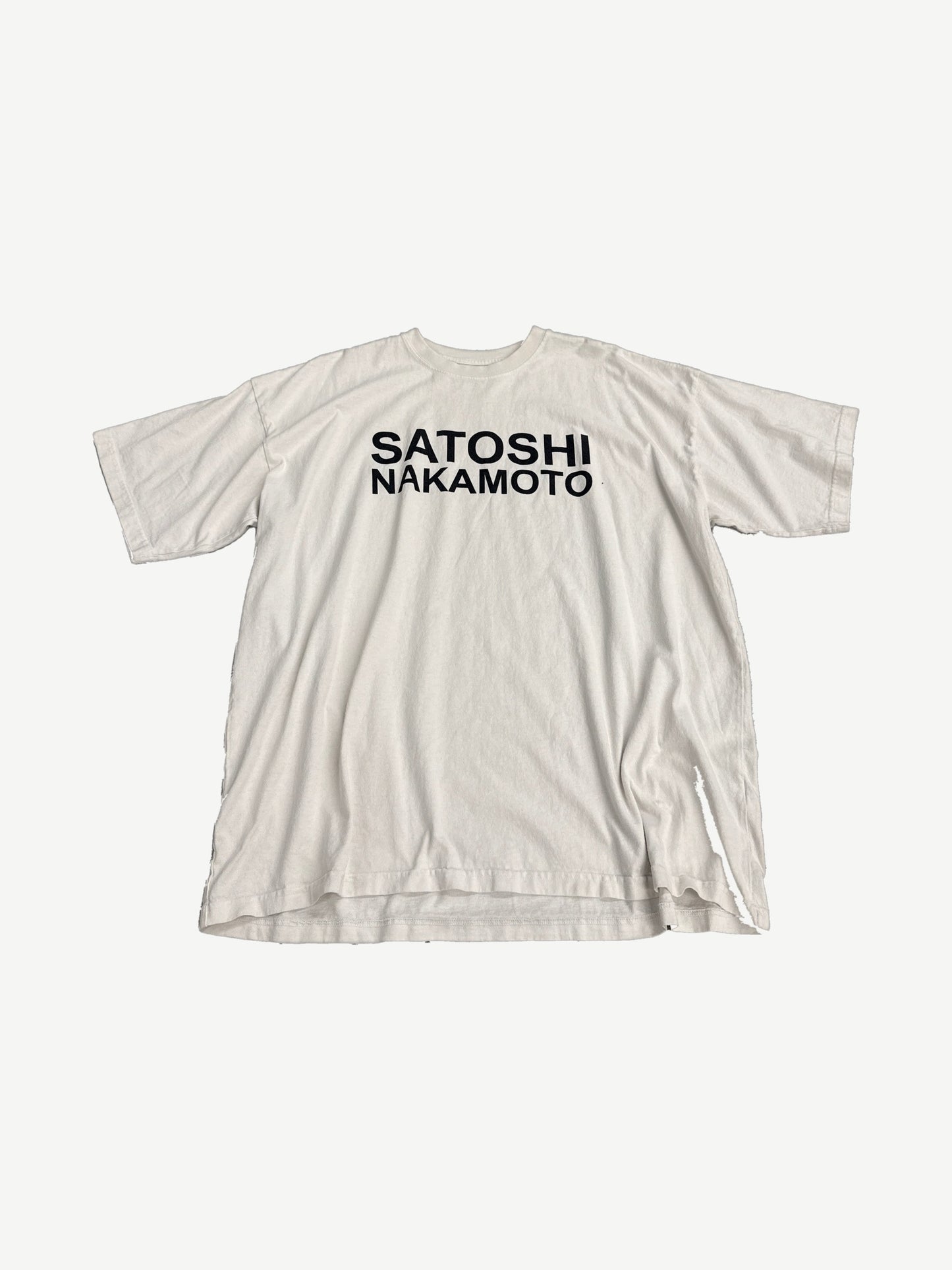 Satoshi Nakamoto white cotton tee front with bold black block Satoshi Nakamoto logo print on chest