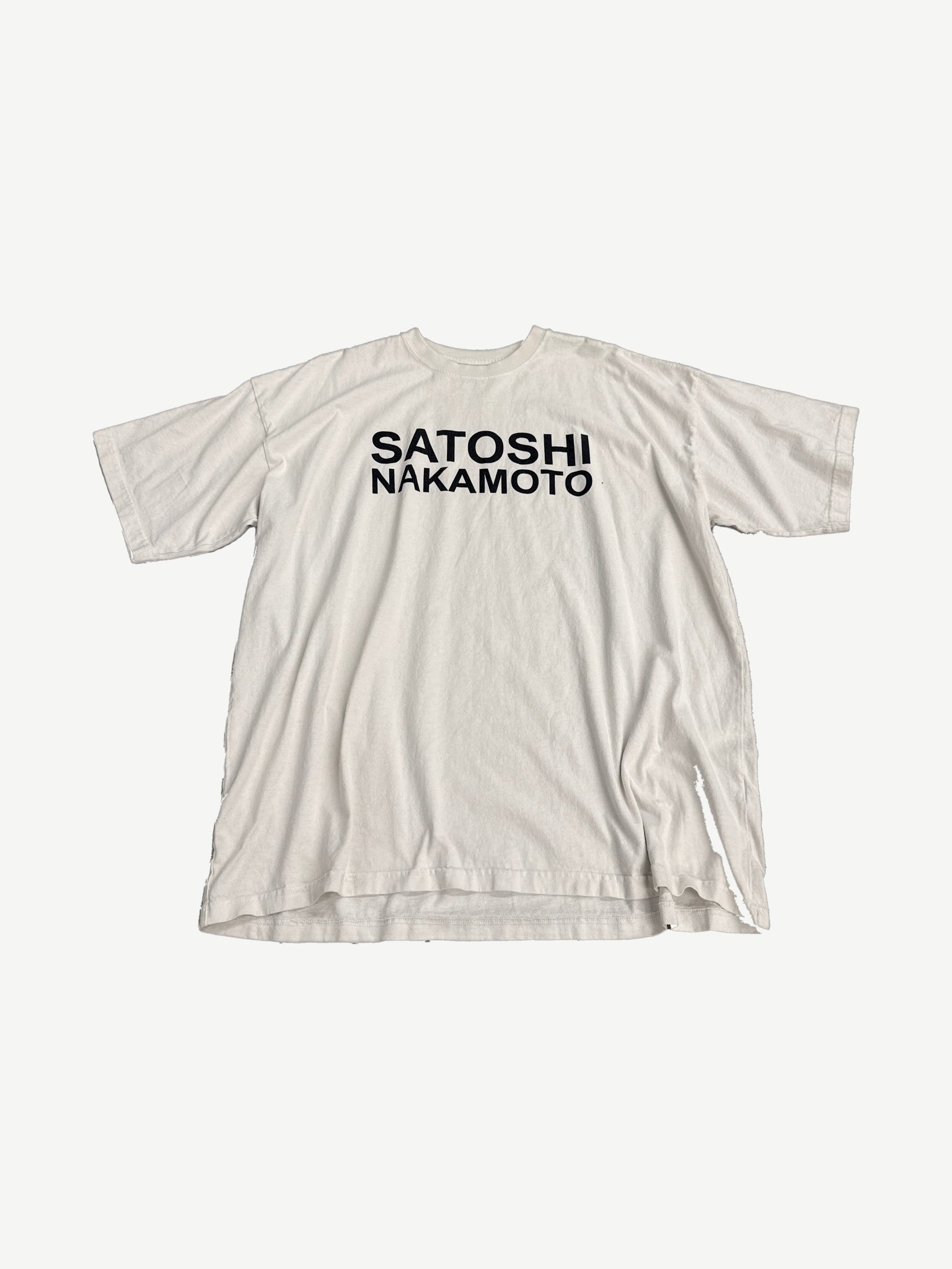 Satoshi Nakamoto white cotton tee front with bold black block Satoshi Nakamoto logo print on chest