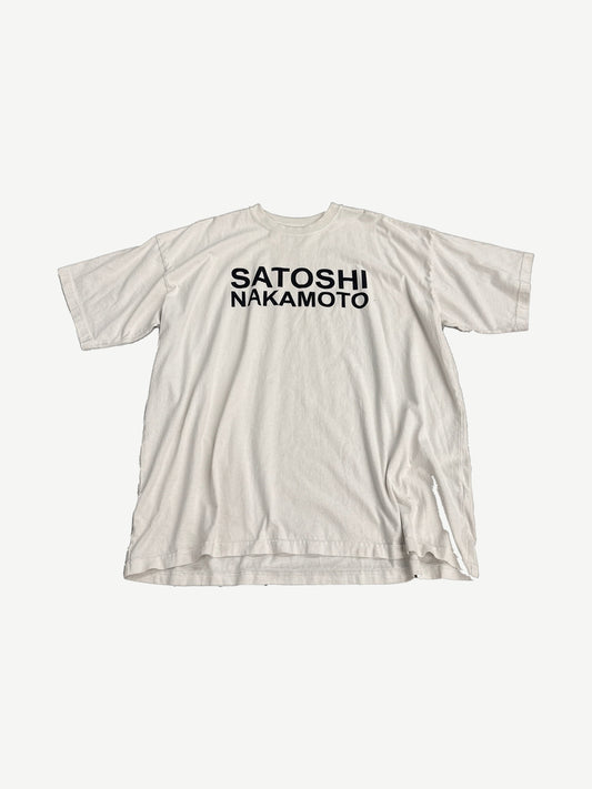 Satoshi Nakamoto white cotton tee front with bold black block Satoshi Nakamoto logo print on chest