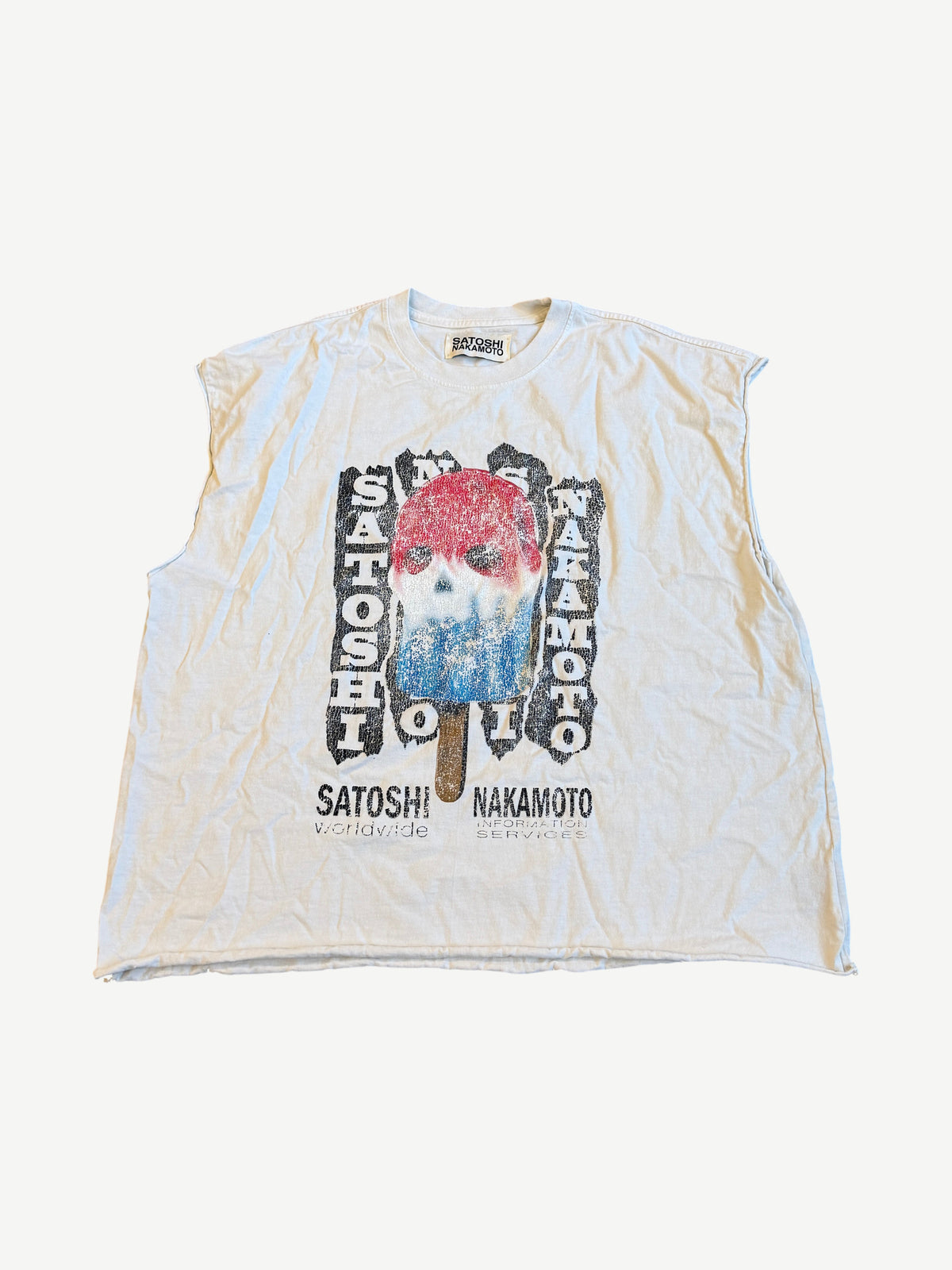 Satoshi Nakamoto White Info Services Popsicle Cutoff Tee