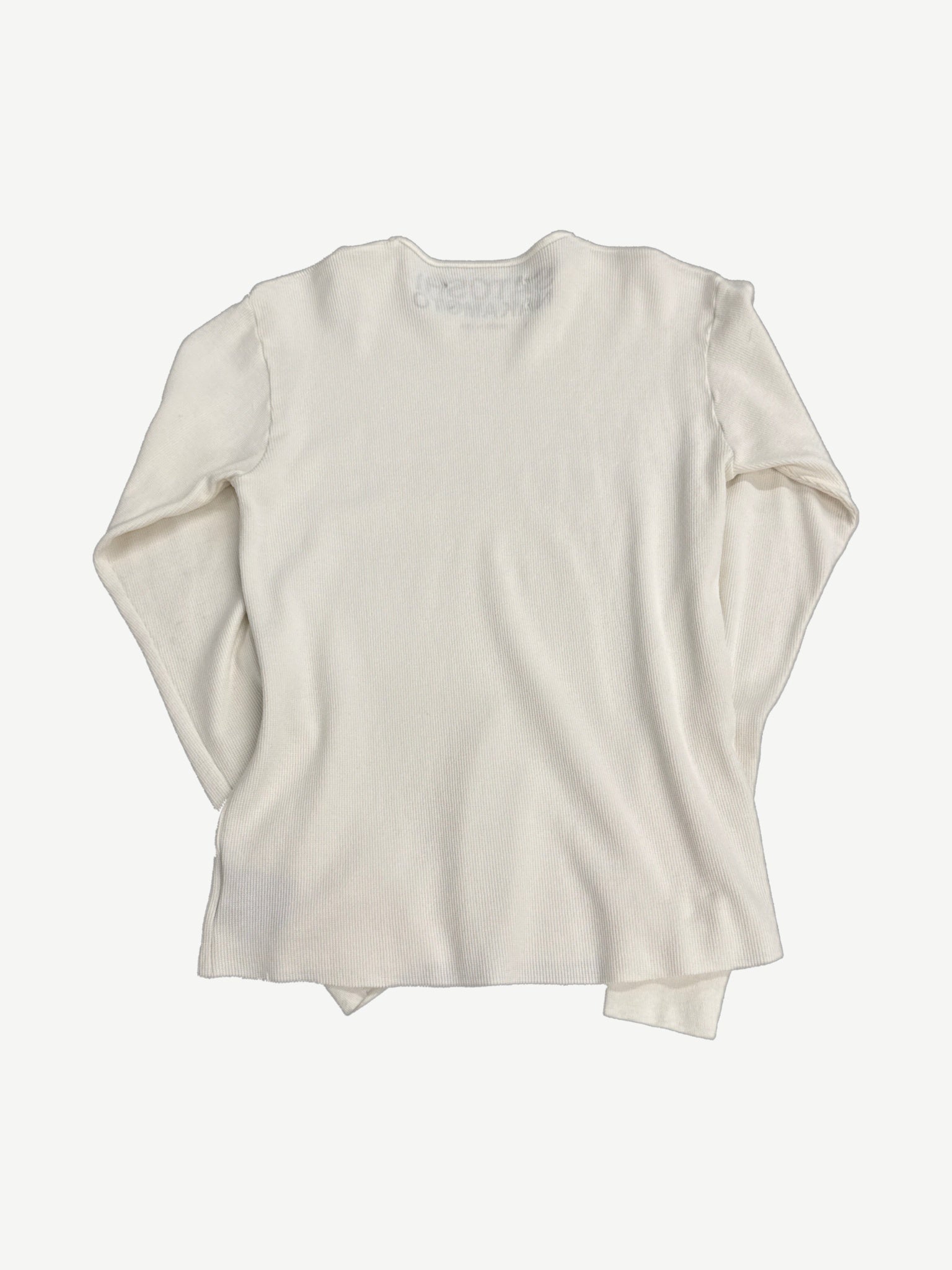 Satoshi Nakamoto white ribbed thermal longsleeve back view in cream waffle knit with ribbed cuffs and hem
