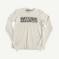 Satoshi Nakamoto white ribbed thermal longsleeve front view with bold black stacked chest logo and crew neck