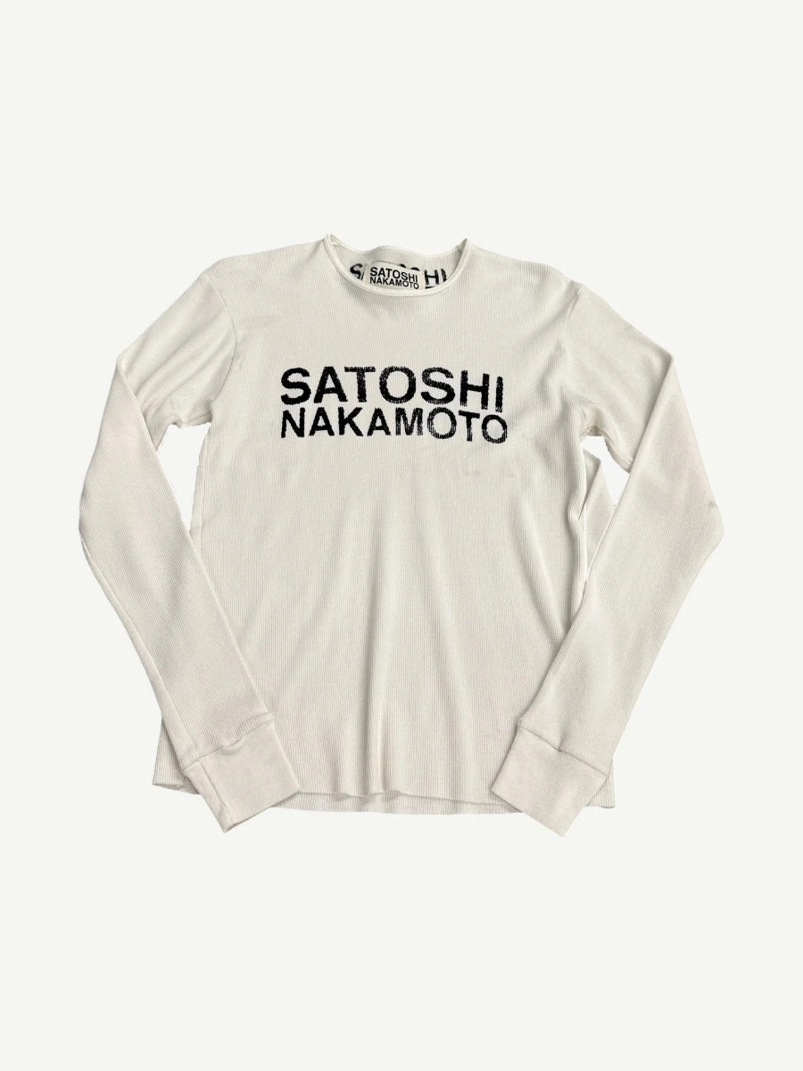Satoshi Nakamoto white ribbed thermal longsleeve front view with bold black stacked chest logo and crew neck