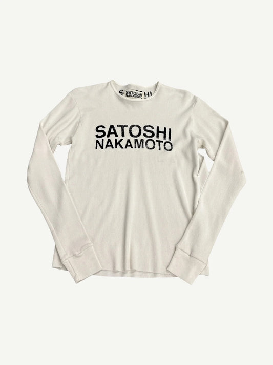 Satoshi Nakamoto white ribbed thermal longsleeve front view with bold black stacked chest logo and crew neck