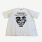 Satoshi Nakamoto Why Can't We Be Friends tee in white with grinning face graphic and jeweled grill print.