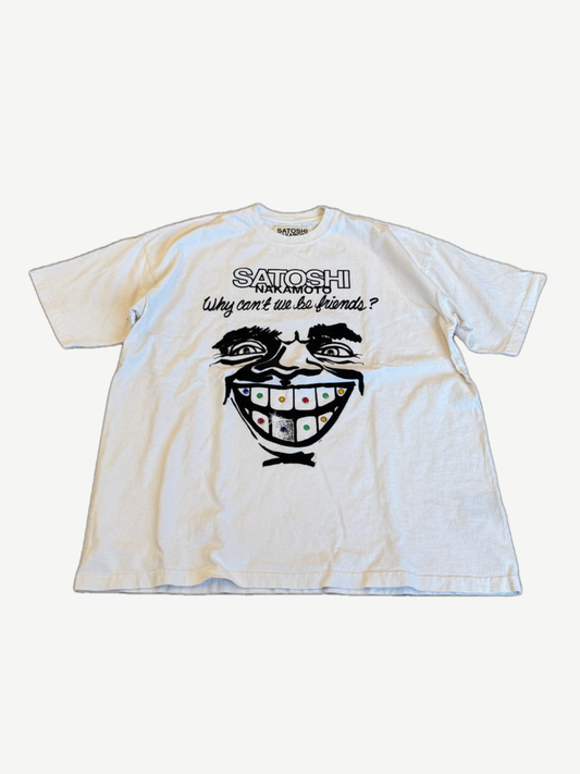 Satoshi Nakamoto Why Can't We Be Friends tee in white with grinning face graphic and jeweled grill print.