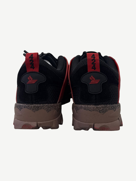 Sicko x 424 muddy hiking shoes rear view with red 424 heel pull tabs and suede mesh upper