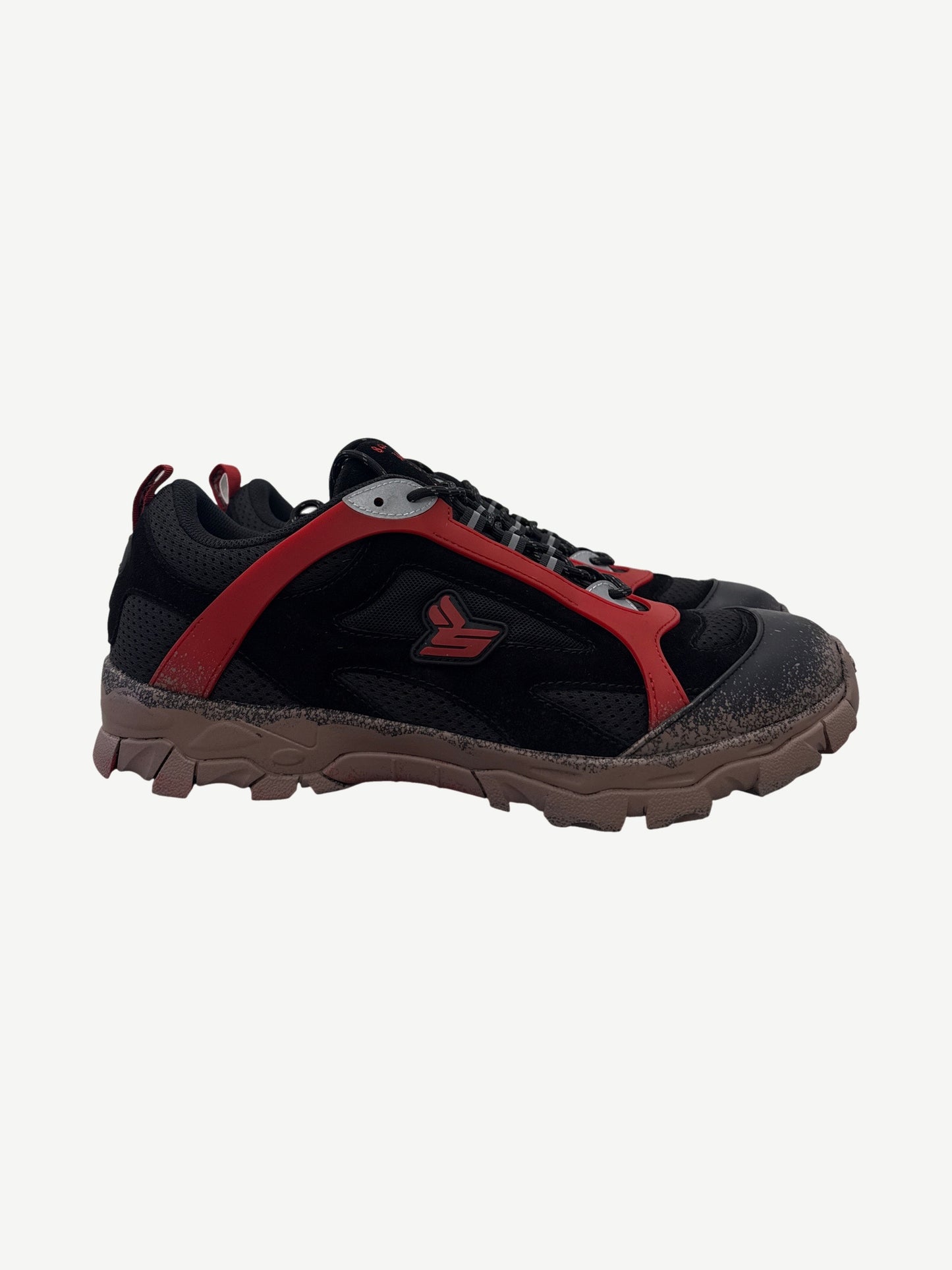 Sicko x 424 black hiking sneaker side profile with red overlay cage and mud-splattered brown chunky sole