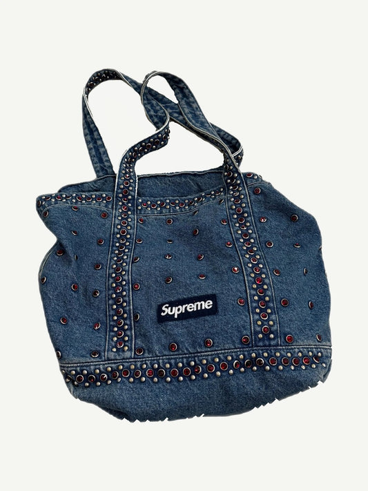 Supreme x B.B. Simon blue denim tote bag with multicolor rhinestone-studded front panel and handles