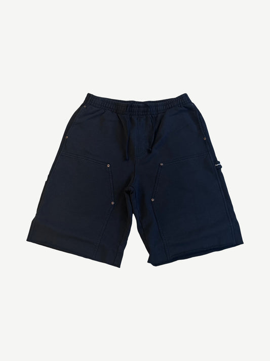 Supreme black double knee painter sweat shorts front, drawstring waist with riveted utility pockets