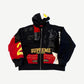 Supreme Premier black patchwork zip up hoodie with red, white and yellow logo panels and 1994-2024 patch.