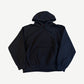 Supreme black satin applique hoodie front, plain black heavyweight cotton fleece with red kangaroo pouch tag.