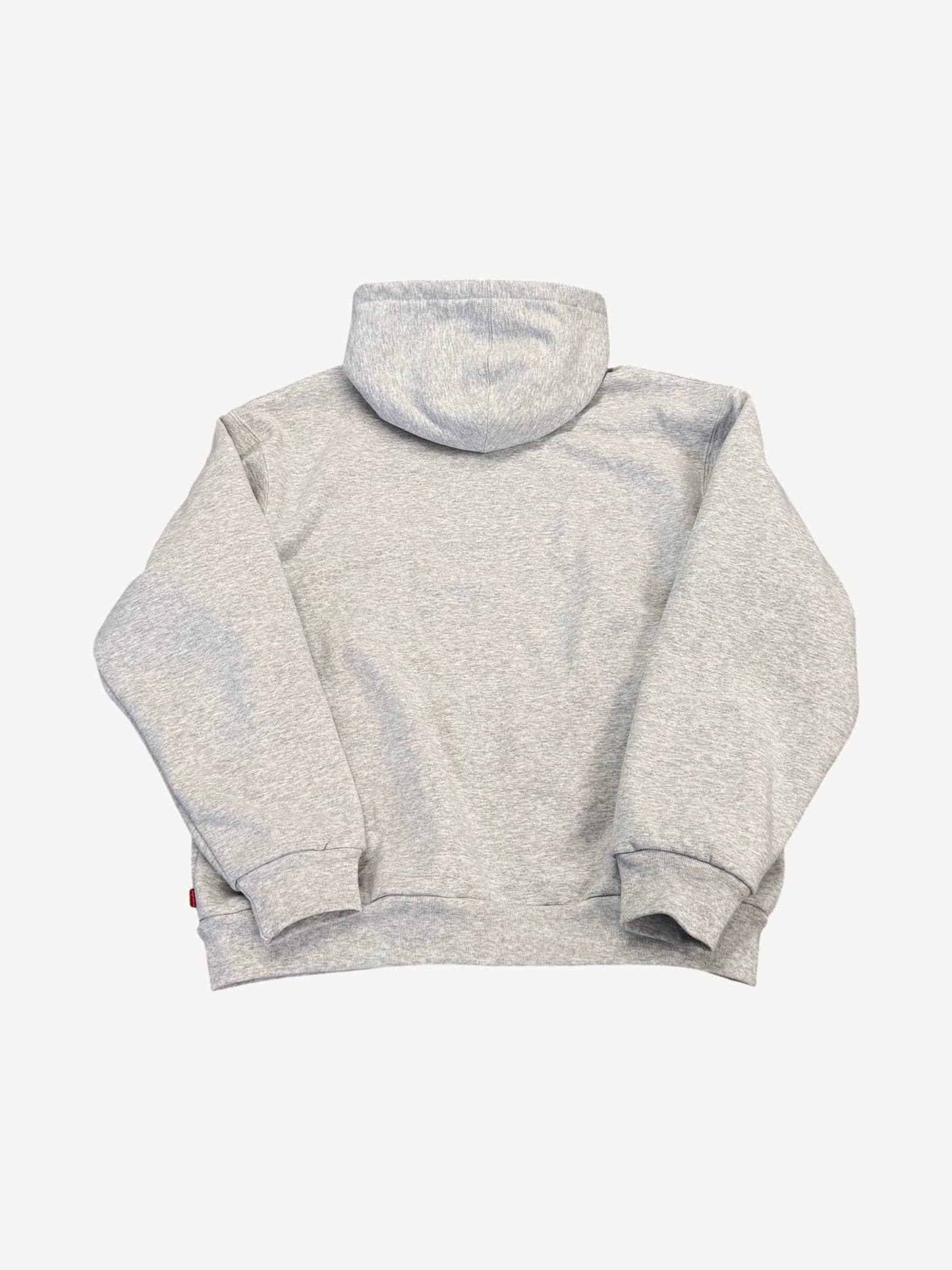 Supreme arc logo thermal hoodie back view in heather gray fleece with attached hood and ribbed cuffs.