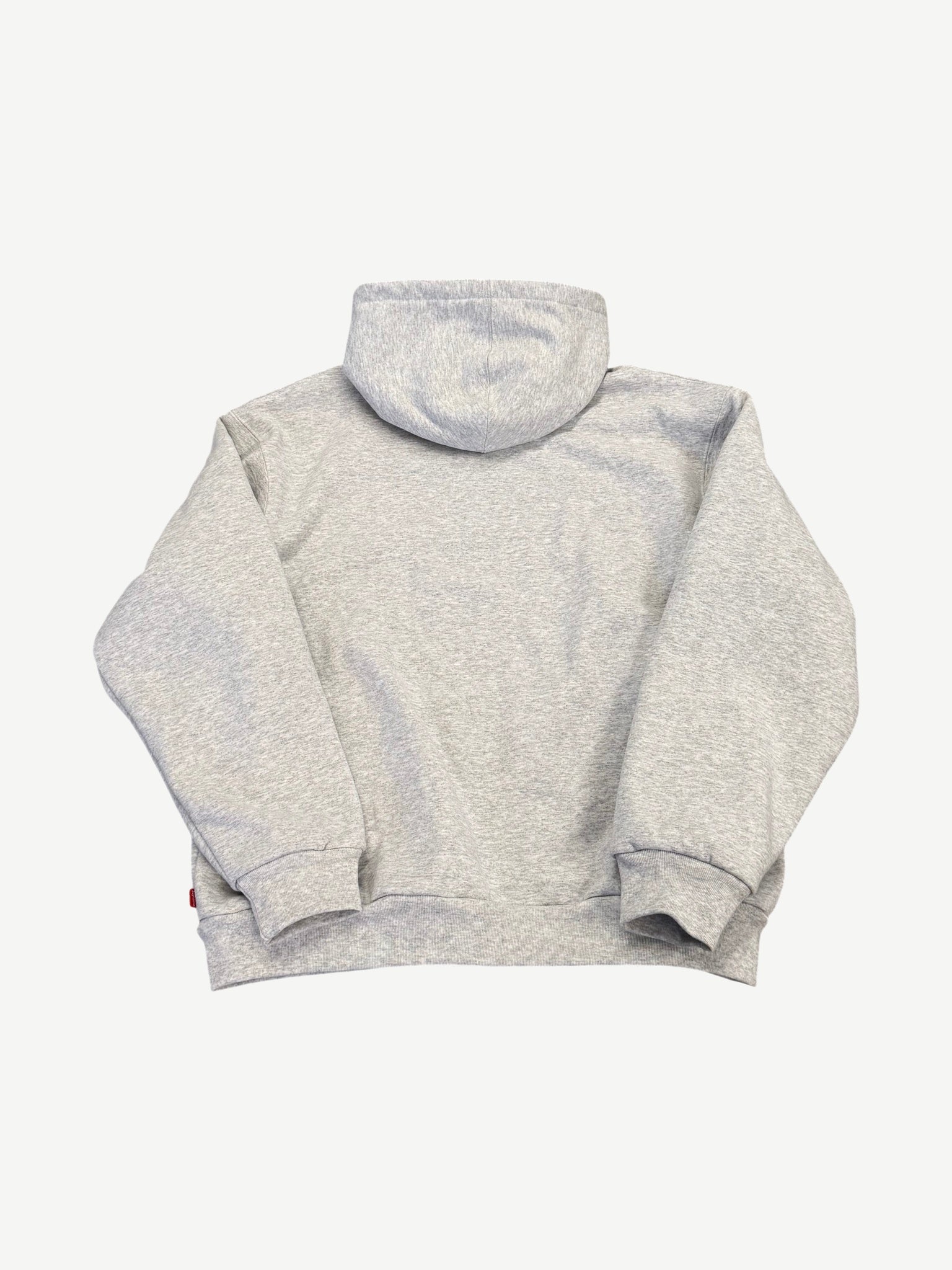 Supreme arc logo thermal hoodie back view in heather gray fleece with attached hood and ribbed cuffs.