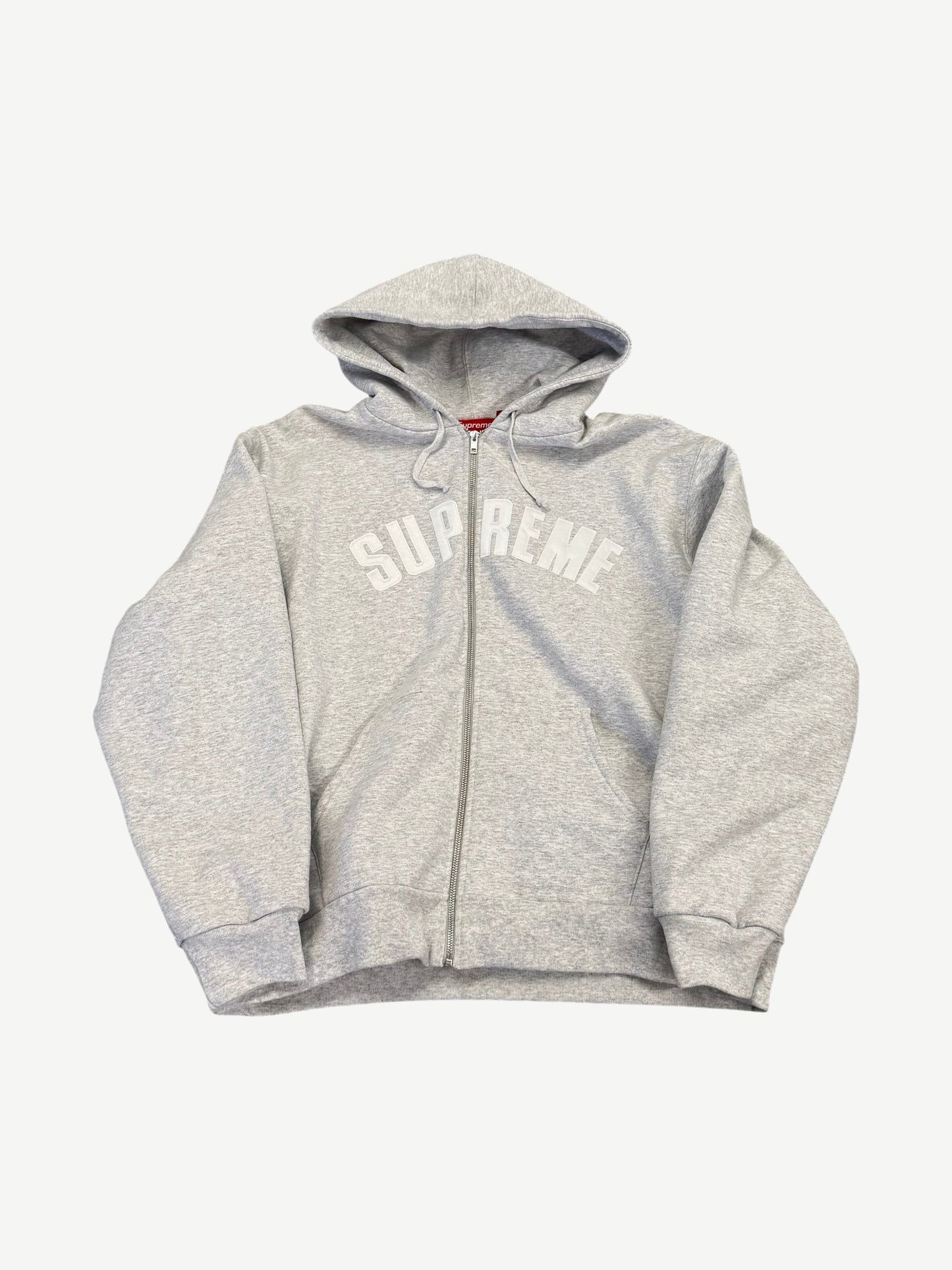Supreme heather gray arc logo thermal lined zip up hoodie with white arched Supreme chest print.