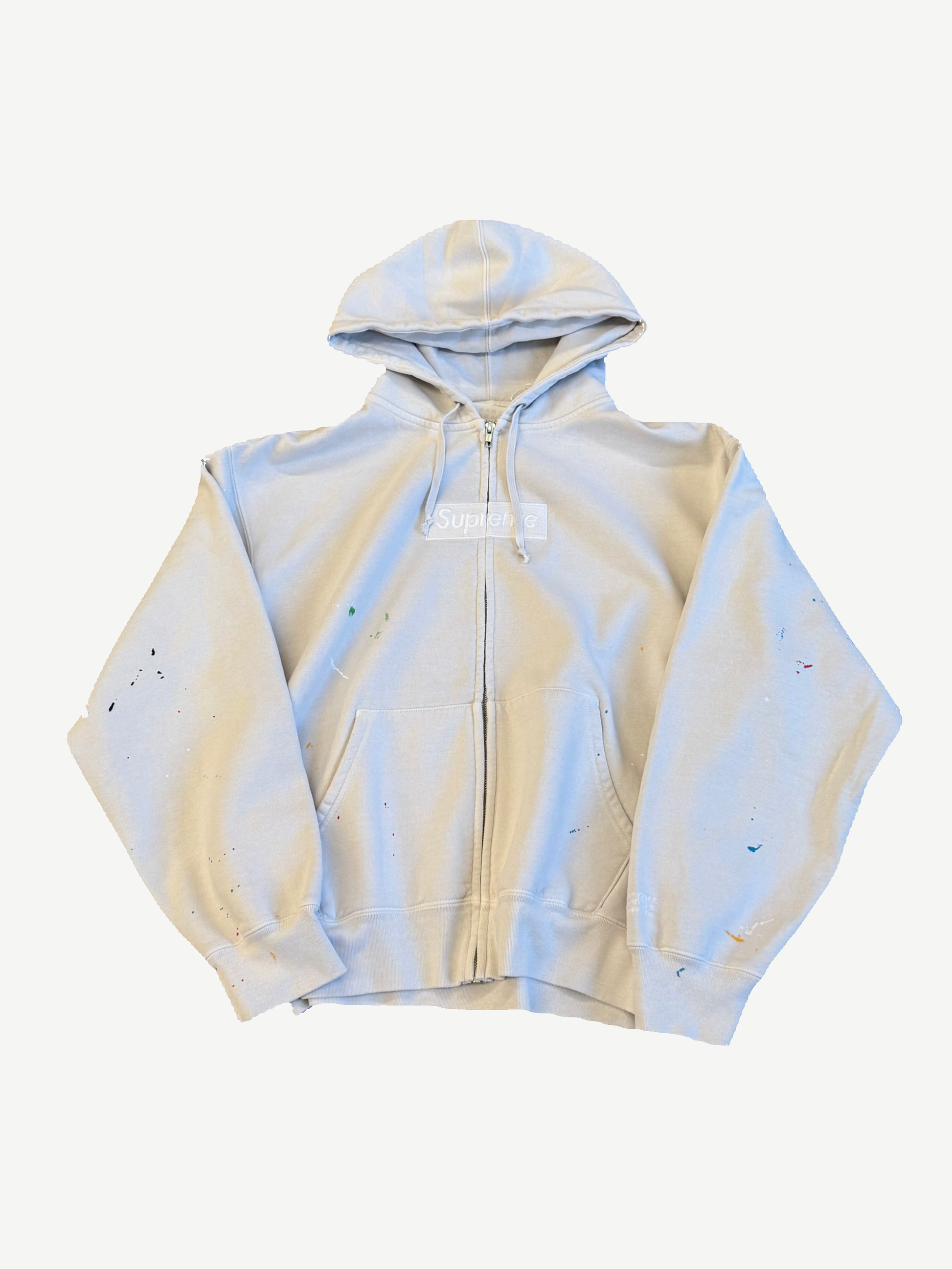 Supreme x Maison Margiela MM6 white zipup hoodie with red box logo and MM6 numeric tag at chest.